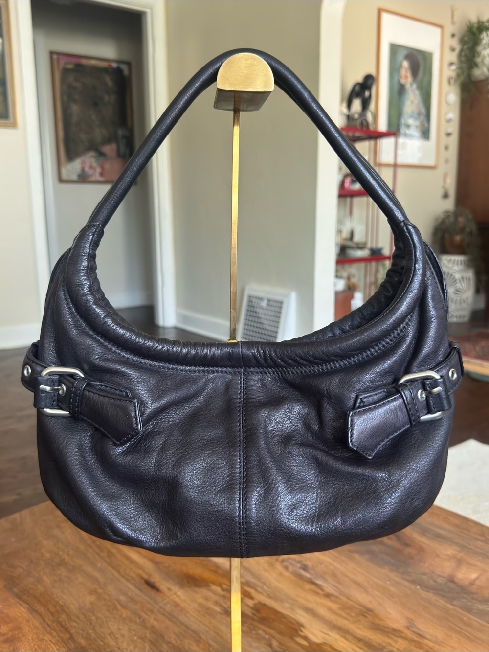Kenneth Cole Shoulder Bag Soft Black Genuine Leather Silver Hardware